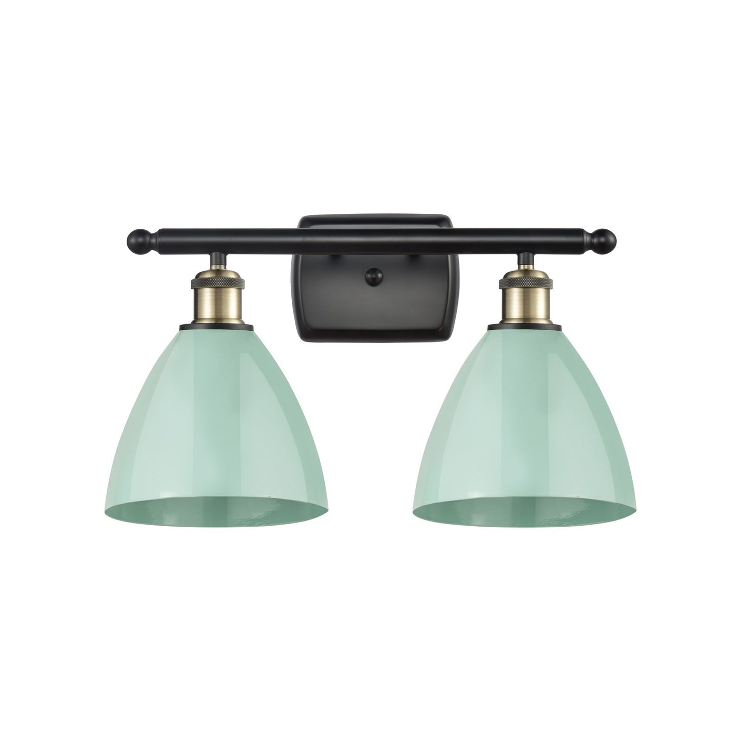 Innovations Plymouth 17.5in 2-Light Bath Vanity Light | Industrial Black Antique Brass and Matte Seafoam Metal Shade | Model 516-2W-BAB-MBD-75-SF