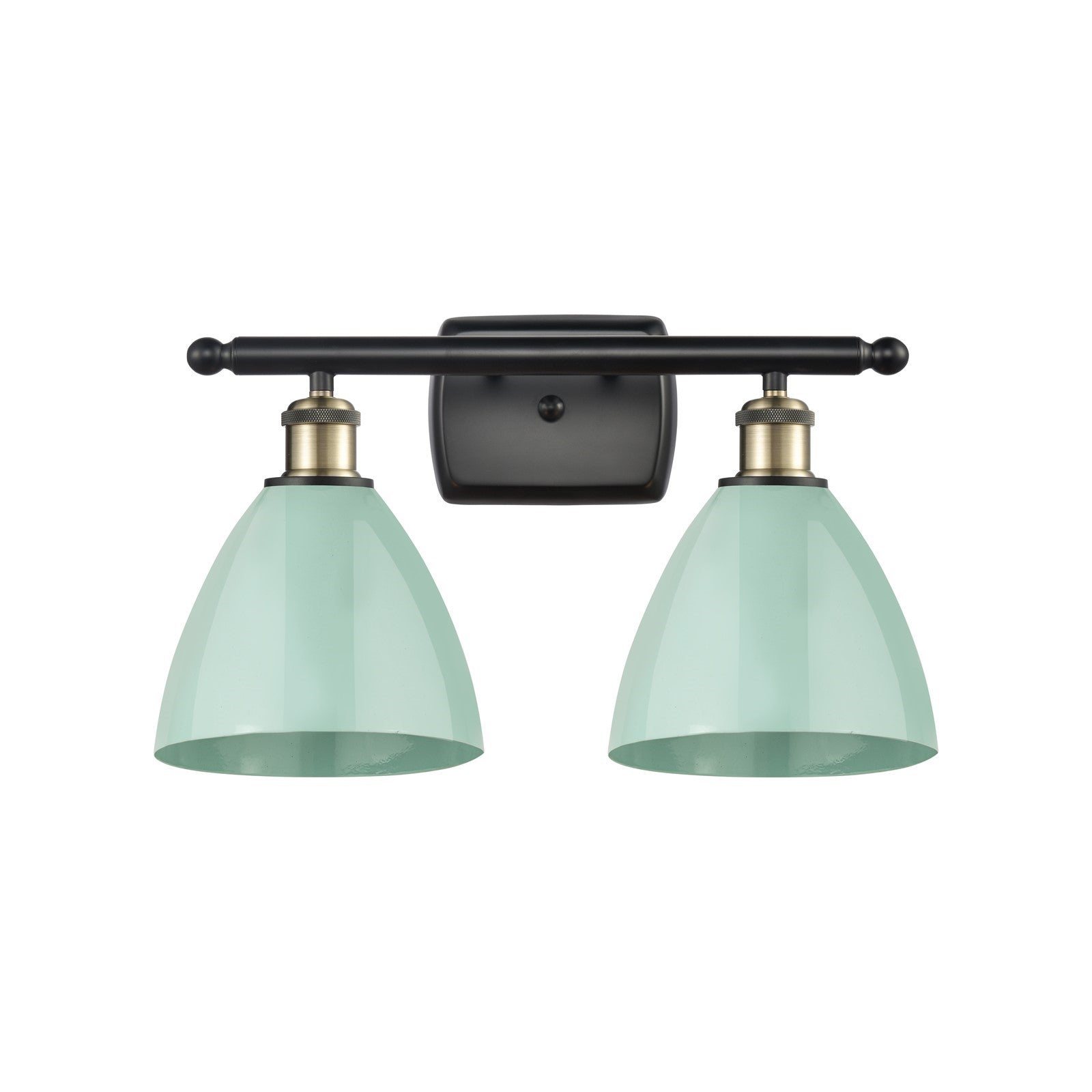 Innovations Plymouth 17.5in 2-Light Bath Vanity Light | Industrial Black Antique Brass and Matte Seafoam Metal Shade | Model 516-2W-BAB-MBD-75-SF