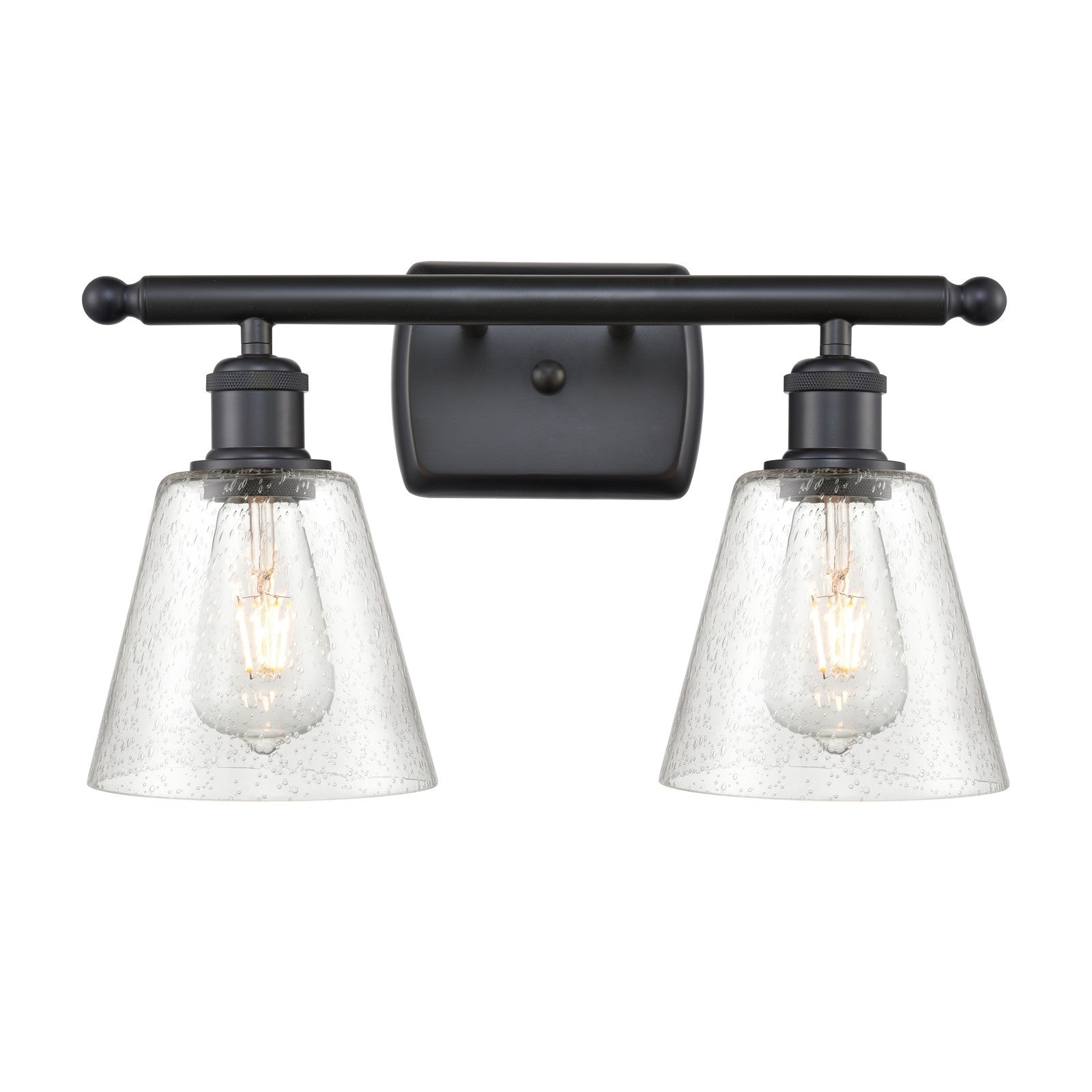 Innovations Caton 16in 2-Light Bath Vanity Light | Industrial Matte Black and Frosted Glass Pyramid Shade | Bathroom & Powder | Model 516-2W-BK-G454