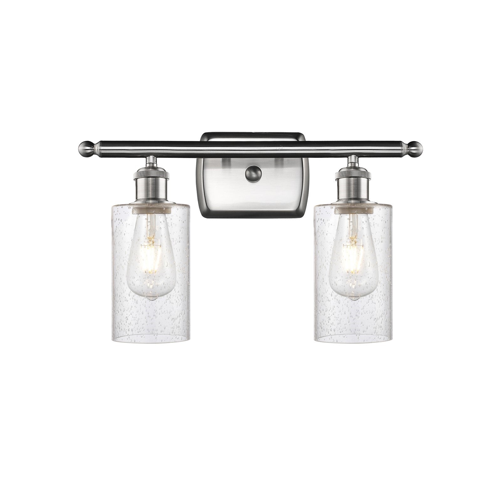 Innovations Clymer 14in 2-Light Bath Vanity | Transitional Brushed Satin Nickel and Seedy Glass | Bathroom & Powder Room | Model 516-2W-SN-G804