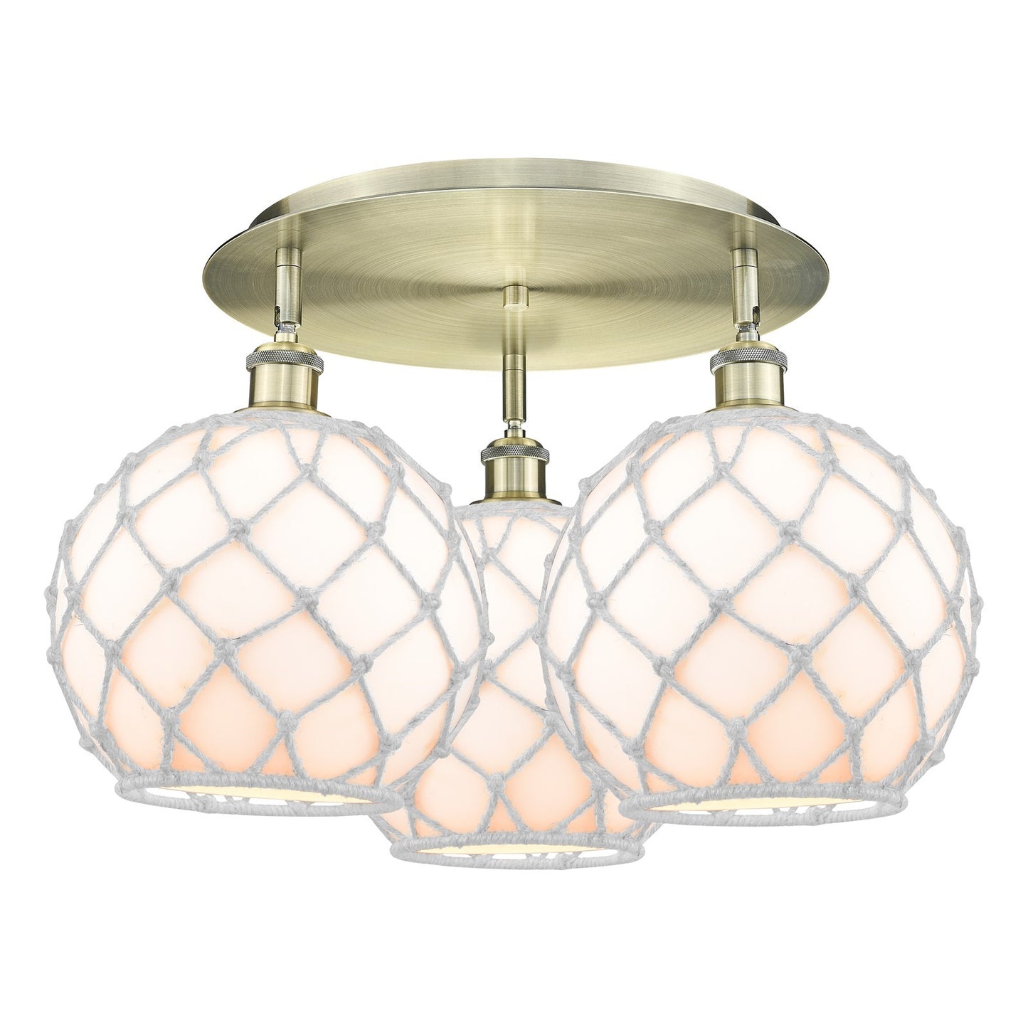 Innovations Farmhouse Rope 22in 3-Light Semi-Flush | Industrial Antique Brass and White Glass Rope | Kitchen & Dining | Model 516-3C-AB-G121-10RW