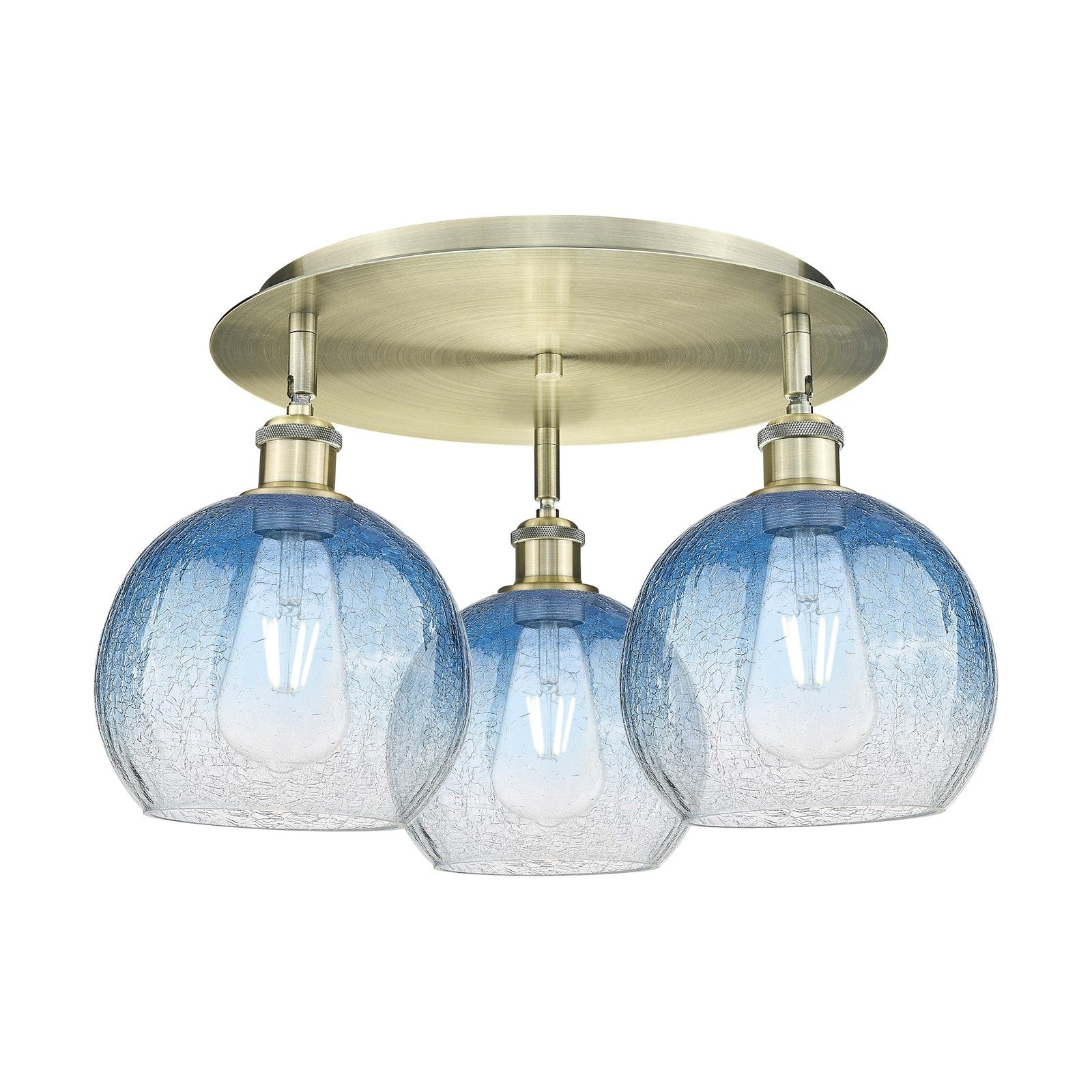 Innovations Brookhaven Globe 20in 3-Light Semi-Flush Mount | Industrial Antique Brass and Sapphire Blue Glass | Kitchen | Model 516-3C-AB-G483-8SB