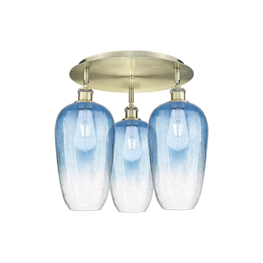 Innovations Brookhaven Flute 19in 3-Light Semi-Flush Mount | Industrial Antique Brass and Sapphire Blue Glass | Kitchen | Model 516-3C-AB-G484-7SB