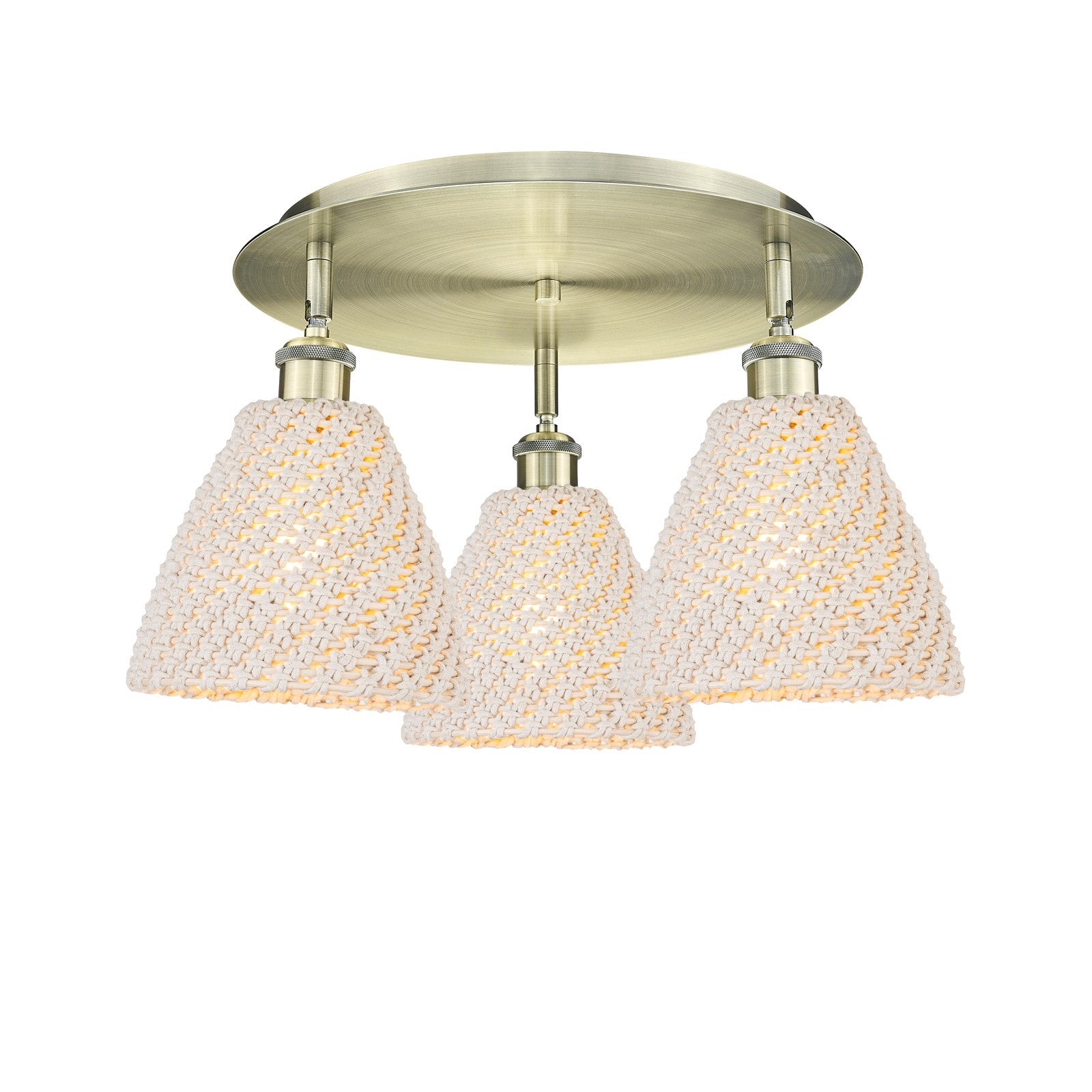 Innovations Bristol Natural 19in 3-Light Semi-Flush Mount | Farmhouse Antique Brass and Natural Fiber Dome Shade | Model 516-3C-AB-NBD-75-NAT