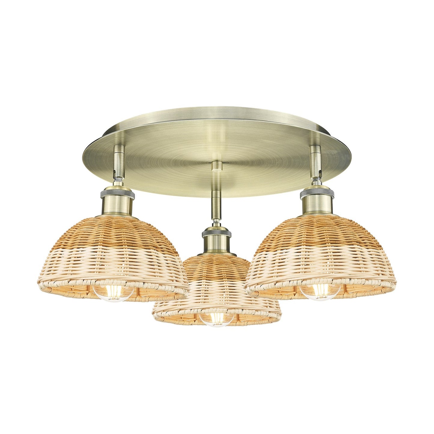 Innovations Bristol Natural II 19in 3-Light Semi-Flush Mount | Industrial Antique Brass and Natural Fiber Dome Shade | Model 516-3C-AB-NBD2-75-NAT