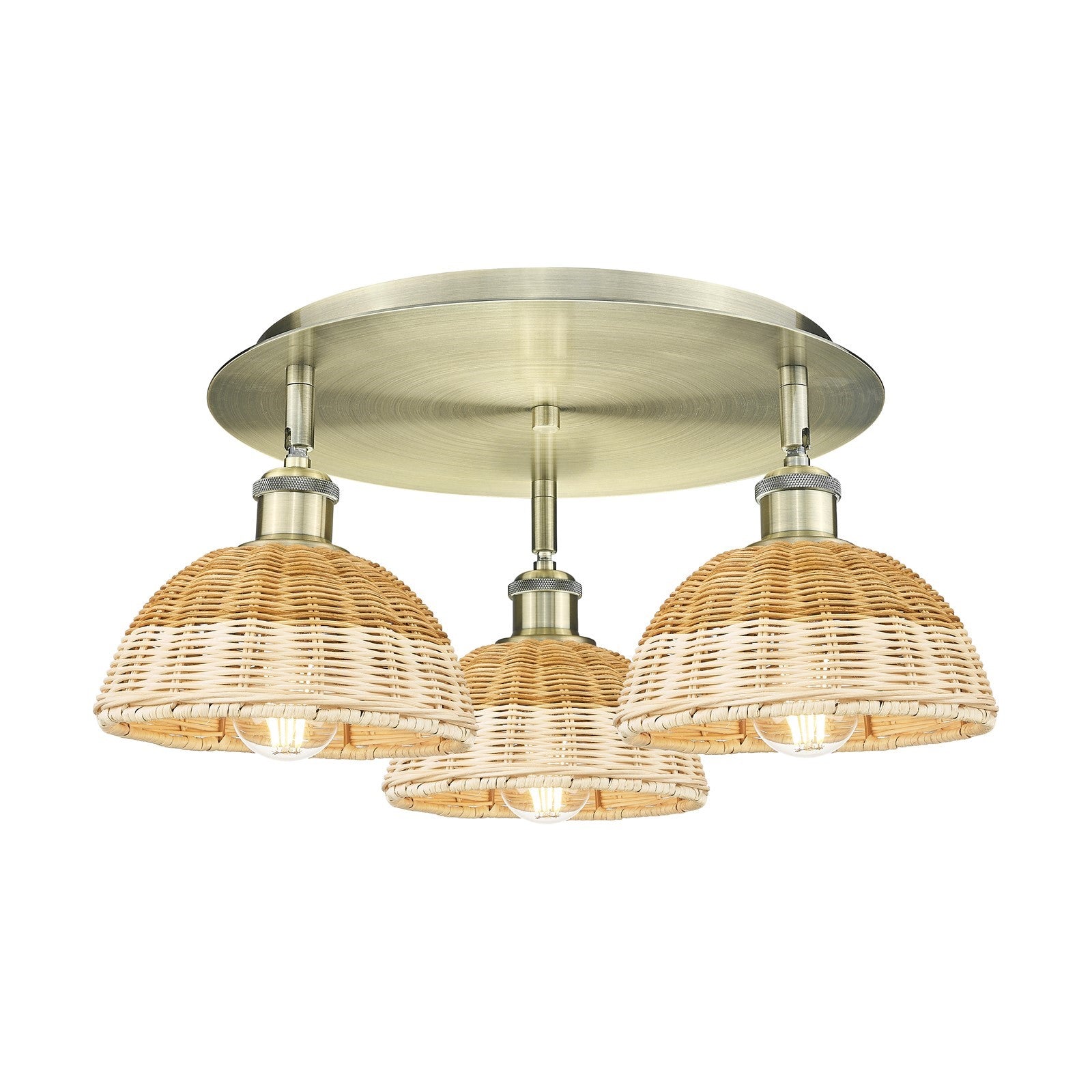 Innovations Bristol Natural II 19in 3-Light Semi-Flush Mount | Industrial Antique Brass and Natural Fiber Dome Shade | Model 516-3C-AB-NBD2-75-NAT