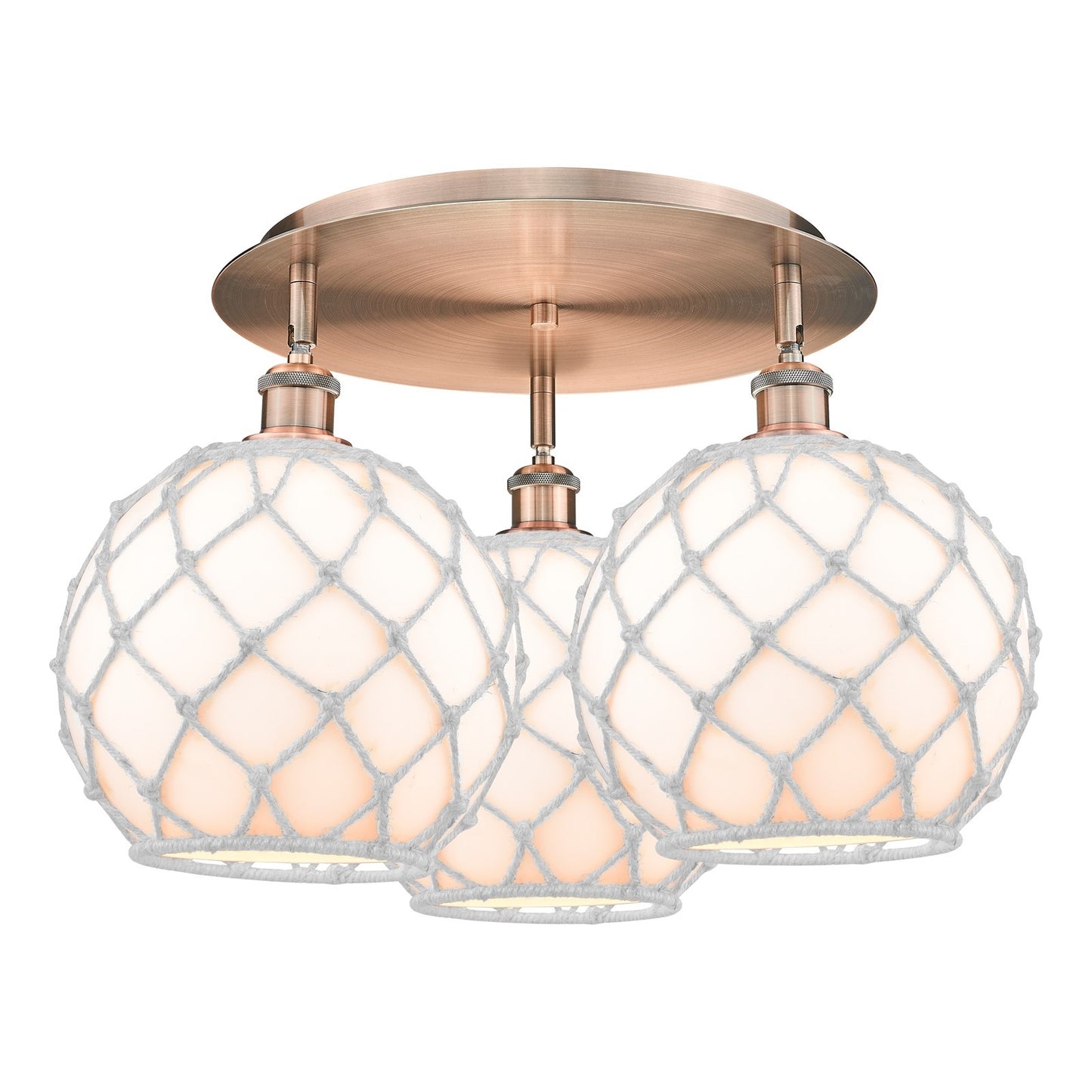 Innovations Farmhouse Rope 22in 3-Light Semi-Flush | Industrial Antique Copper and White Glass Rope Shade | Kitchen | Model 516-3C-AC-G121-10RW