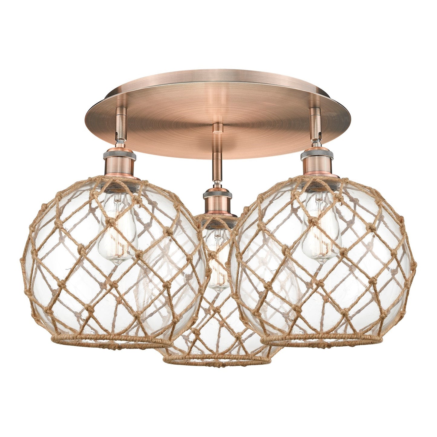 Innovations Farmhouse Rope 22in 3-Light Semi-Flush | Industrial Antique Copper and Clear Glass Shade | Kitchen & Dining | Model 516-3C-AC-G122-10RB
