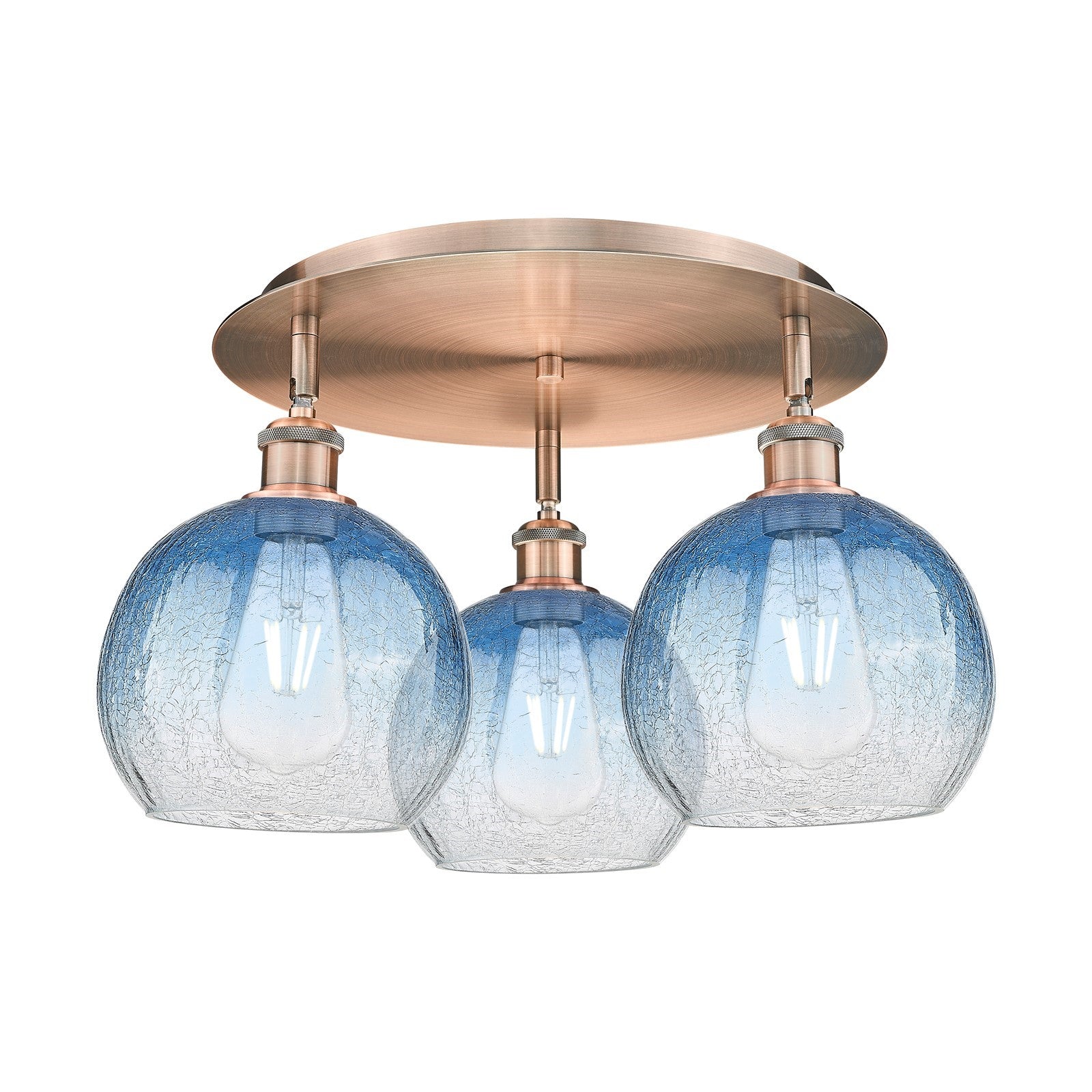 Innovations Brookhaven Globe 19.625in 3-Light Semi-Flush | Industrial Antique Copper and Sapphire Blue Glass | Living Room | Model 516-3C-AC-G483-8SB