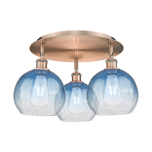 Innovations Brookhaven Globe 19.625in 3-Light Semi-Flush | Industrial Antique Copper and Sapphire Blue Glass | Living Room | Model 516-3C-AC-G483-8SB