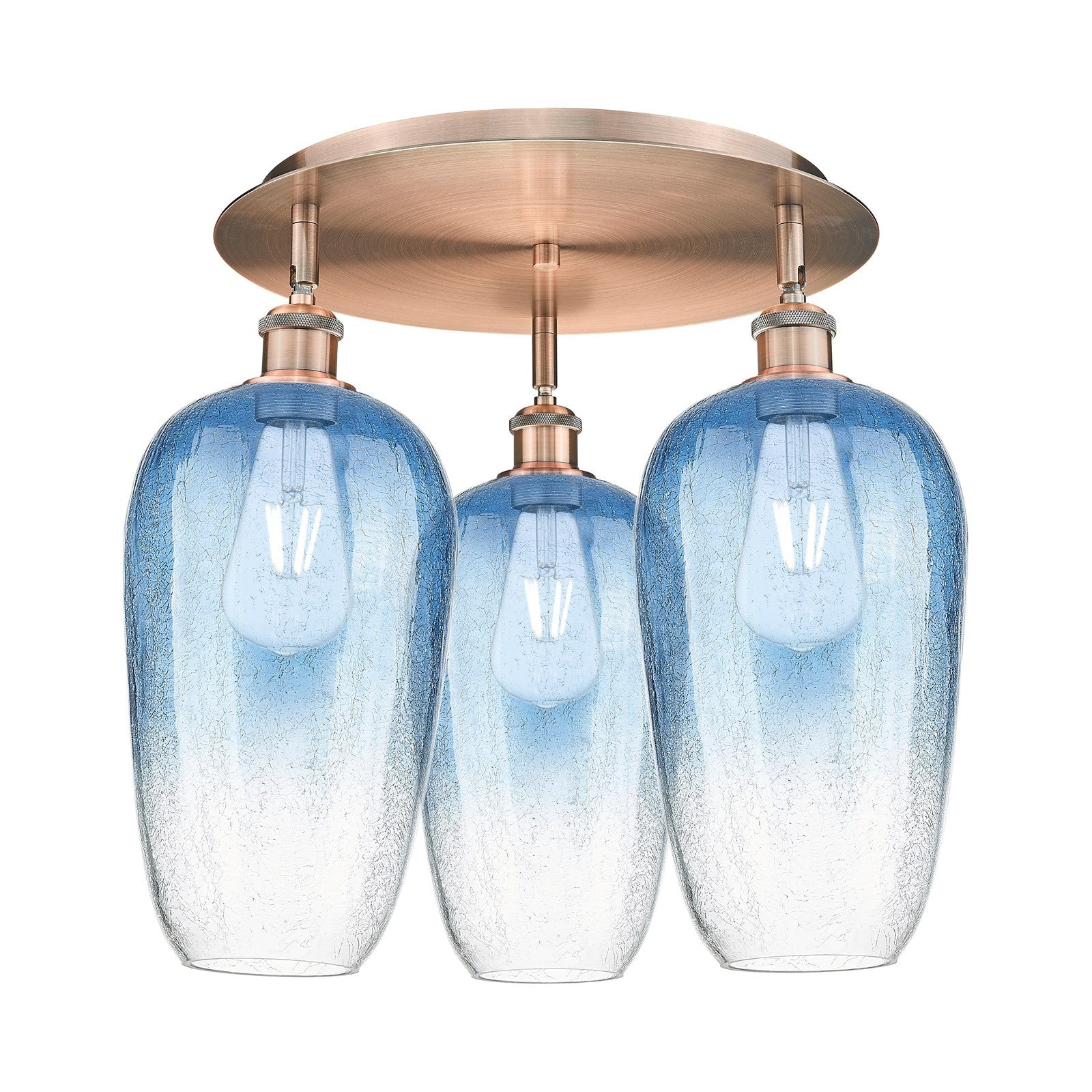 Innovations Brookhaven Flute 19in 3-Light Semi-Flush | Industrial Antique Copper and Sapphire Blue Glass | Kitchen | Model 516-3C-AC-G484-7SB