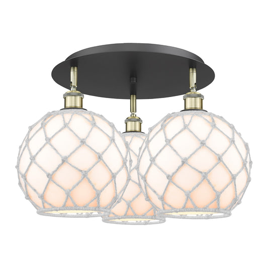 Innovations Farmhouse Rope 22in 3-Light Semi-Flush | Industrial Black Antique Brass and White Glass with White Rope | Model 516-3C-BAB-G121-10RW
