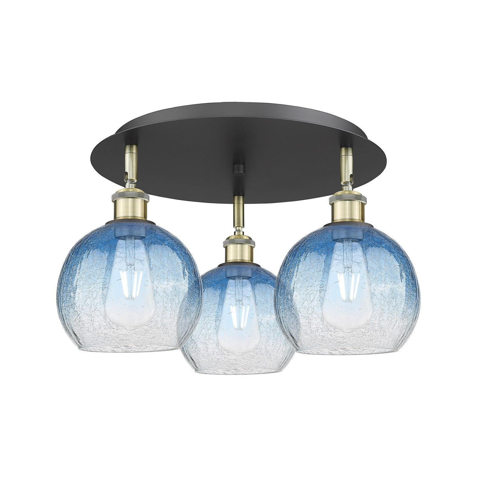Innovations Brookhaven Globe 19.625in 3-Light Semi-Flush | Industrial Black Antique Brass and Sapphire Blue Glass | Model 516-3C-BAB-G483-8SB