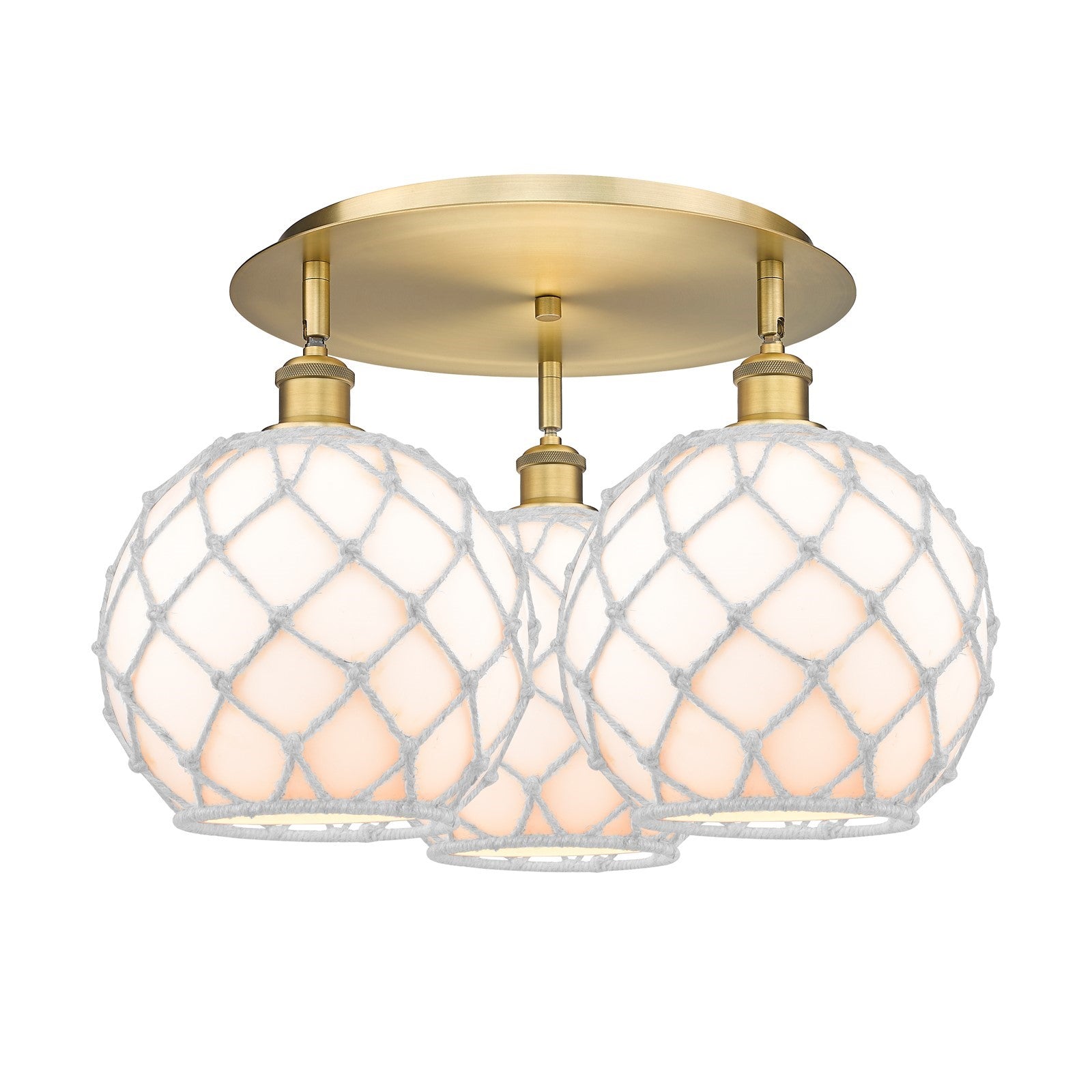 Innovations Farmhouse Rope 22in 3-Light Semi-Flush Mount | Industrial Brushed Brass and White Glass with White Rope | Model 516-3C-BB-G121-10RW