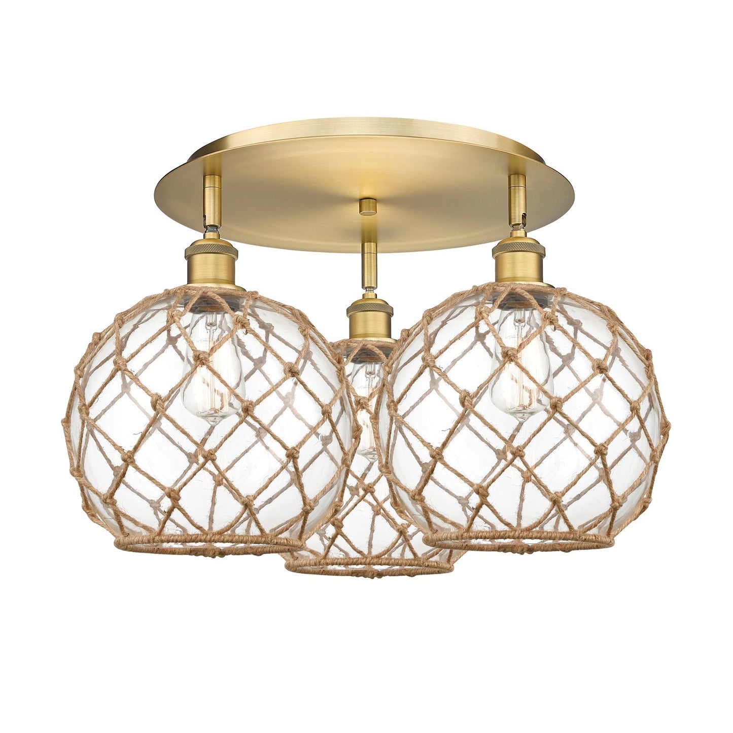 Innovations Farmhouse Rope 22in 3-Light Semi-Flush Mount | Industrial Brushed Brass and Clear Glass | Kitchen & Dining | Model 516-3C-BB-G122-10RB