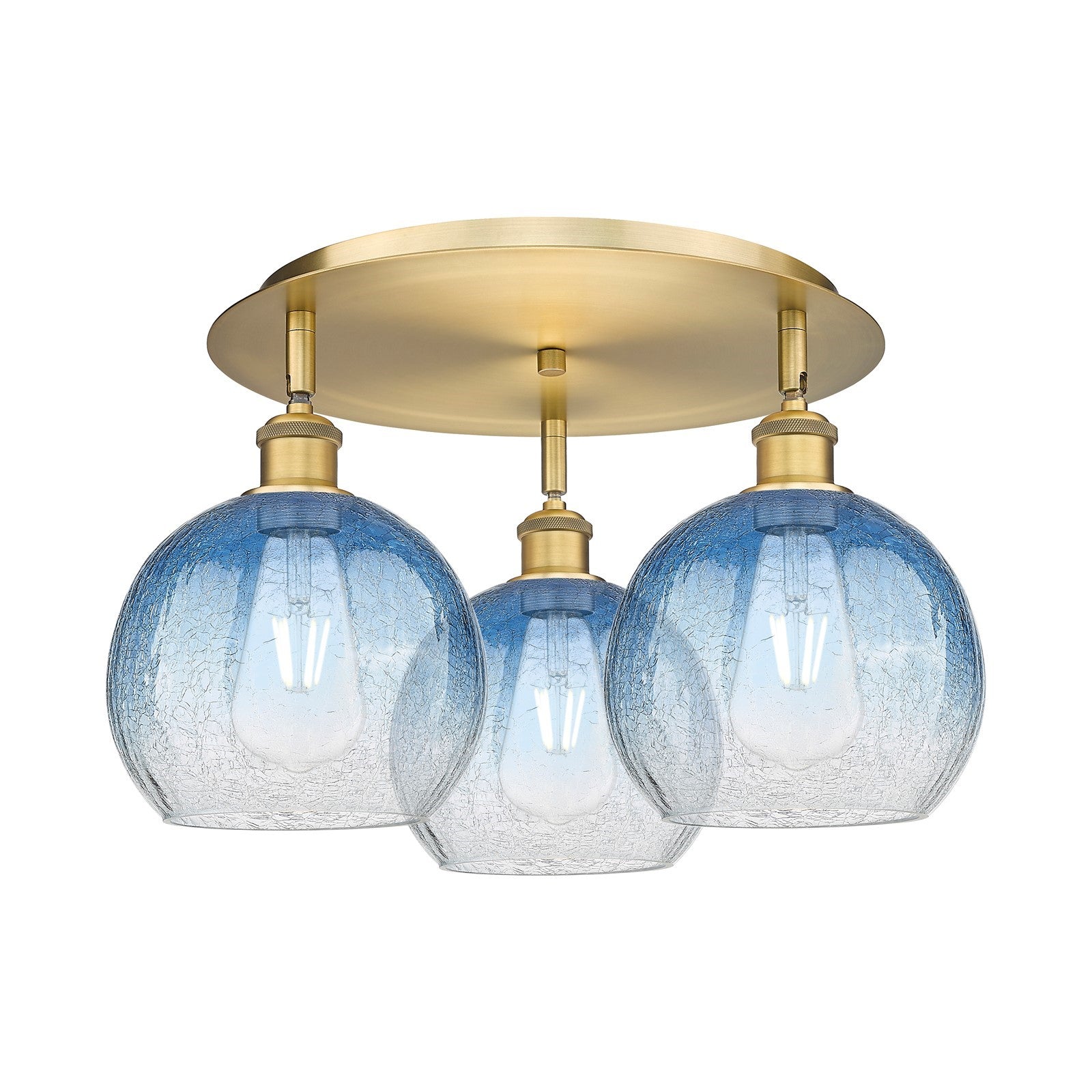 Innovations Brookhaven Globe 19in 3-Light Semi-Flush | Industrial Brushed Brass and Sapphire Blue Glass | Kitchen & Dining | Model 516-3C-BB-G483-8SB