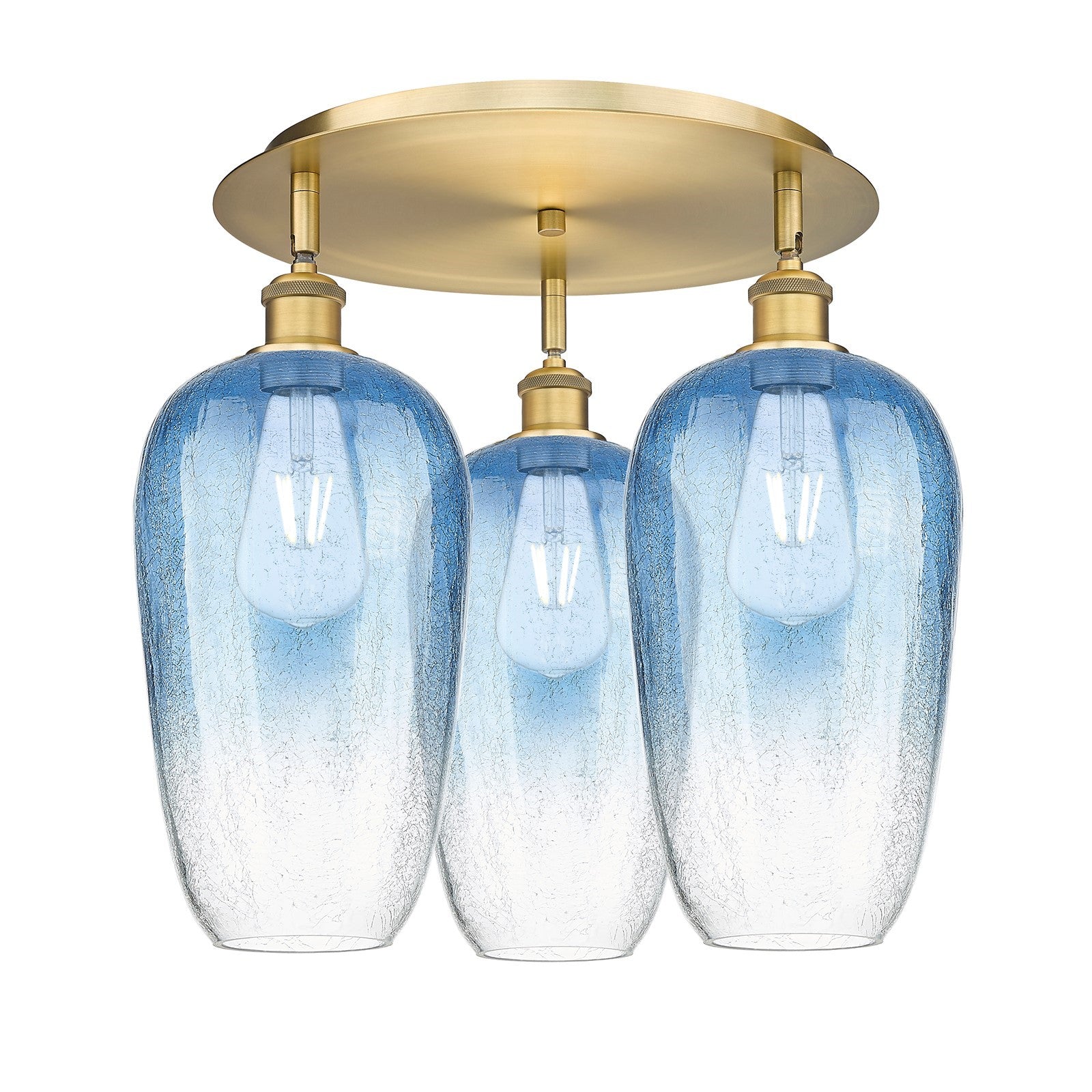 Innovations Brookhaven Flute 18in 3-Light Semi-Flush | Industrial Brushed Brass and Sapphire Blue Glass | Kitchen & Dining | Model 516-3C-BB-G484-7SB