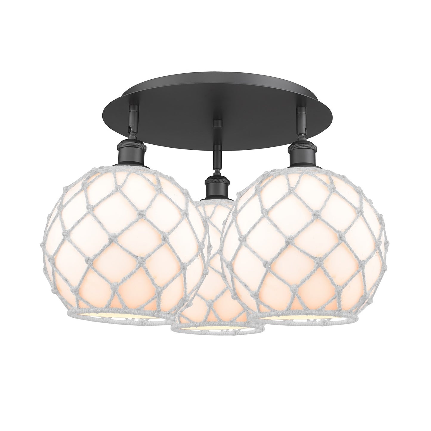 Innovations Farmhouse Rope 22in 3-Light Semi-Flush | Industrial Matte Black and White Glass Rope | Kitchen & Hallway | Model 516-3C-BK-G121-10RW