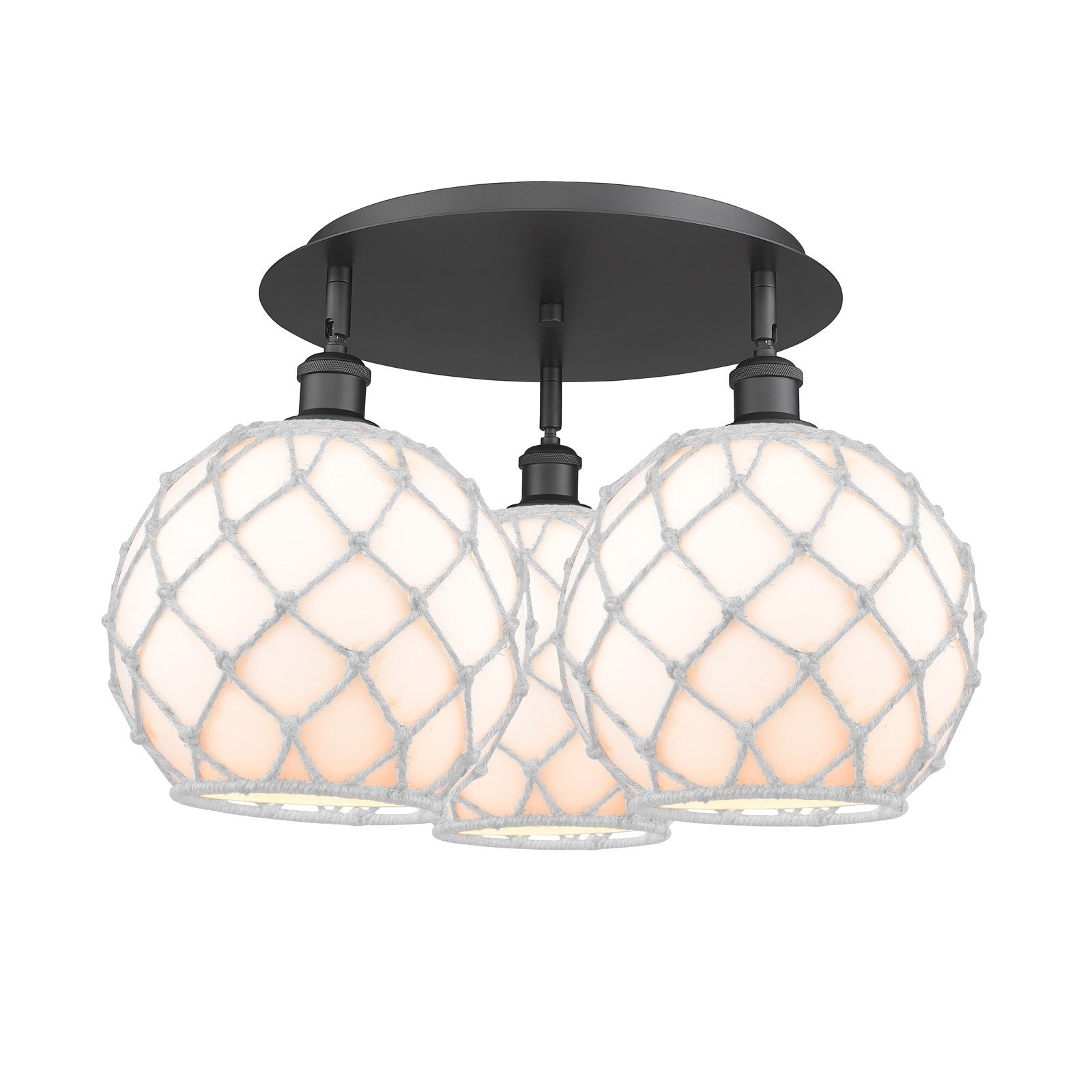 Innovations Farmhouse Rope 22in 3-Light Semi-Flush | Industrial Matte Black and White Glass Rope | Kitchen & Hallway | Model 516-3C-BK-G121-10RW