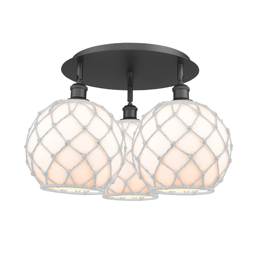 Innovations Farmhouse Rope 22in 3-Light Semi-Flush | Industrial Matte Black and White Glass Rope | Kitchen & Hallway | Model 516-3C-BK-G121-10RW