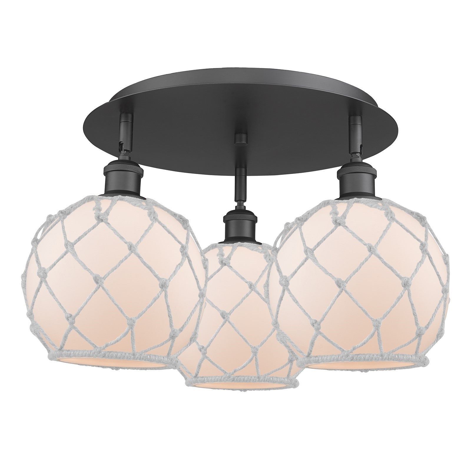 Innovations Farmhouse Rope 20in 3-Light Semi-Flush | Industrial Matte Black and White Glass White Rope | Kitchen & Hallway | Model 516-3C-BK-G121-8RW