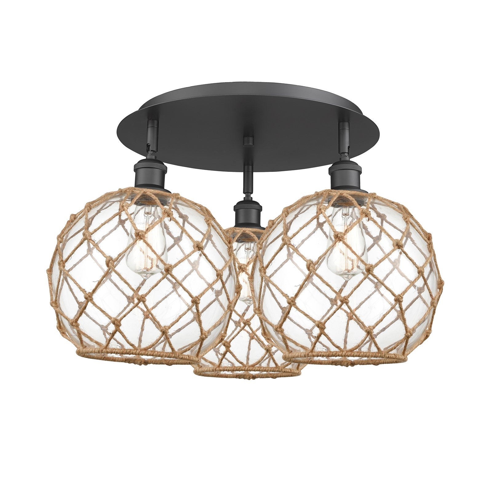 Innovations Farmhouse Rope 22in 3-Light Semi-Flush | Industrial Matte Black and Clear Glass | Kitchen & Hallway | Model 516-3C-BK-G122-10RB