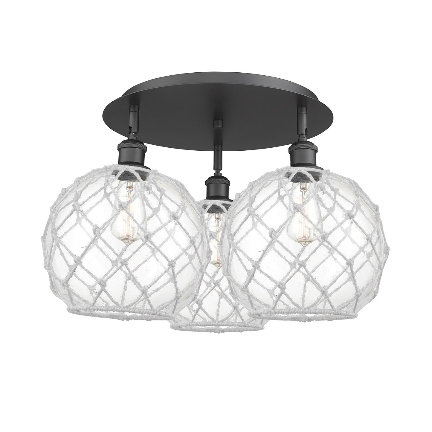 Innovations Farmhouse Rope 22in 3-Light Semi-Flush | Industrial Matte Black and Clear Glass White Rope | Kitchen | Model 516-3C-BK-G122-10RW