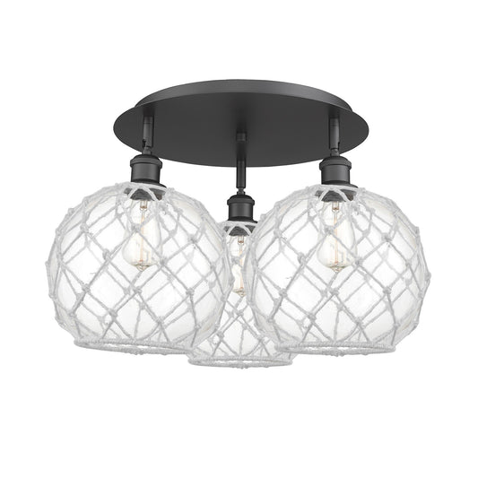 Innovations Farmhouse Rope 22in 3-Light Semi-Flush | Industrial Matte Black and Clear Glass White Rope | Kitchen | Model 516-3C-BK-G122-10RW