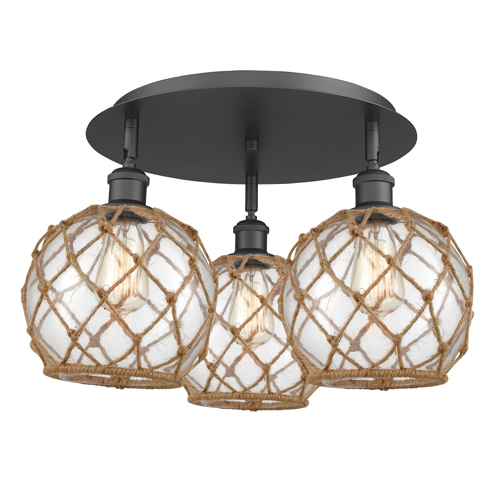 Innovations Farmhouse Rope 20in 3-Light Semi-Flush | Industrial Matte Black and Clear Glass Brown Rope | Kitchen & Hallway | Model 516-3C-BK-G122-8RB