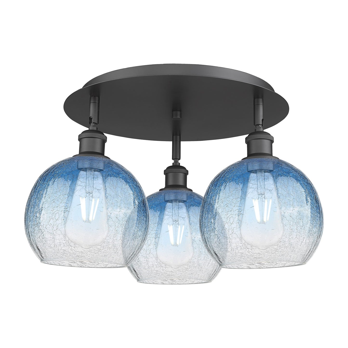 Innovations Brookhaven Globe 20in 3-Light Semi-Flush | Industrial Matte Black and Sapphire Blue Glass | Kitchen & Hallway | Model 516-3C-BK-G483-8SB