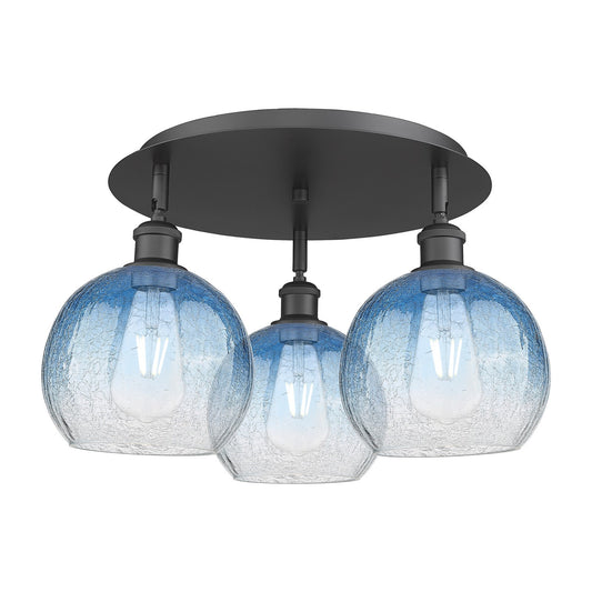 Innovations Brookhaven Globe 20in 3-Light Semi-Flush | Industrial Matte Black and Sapphire Blue Glass | Kitchen & Hallway | Model 516-3C-BK-G483-8SB