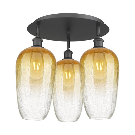 Innovations Brookhaven Flute 19in 3-Light Semi-Flush | Industrial Matte Black and Amber Glass | Kitchen & Dining Room | Model 516-3C-BK-G484-7AM