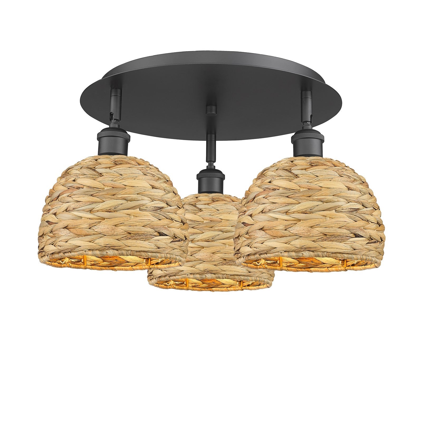 Innovations Woven Rattan 19in 3-Light Semi-Flush | Industrial Matte Black and Natural Fiber Dome Shade | Entryway | Model 516-3C-BK-RBD-8-NAT
