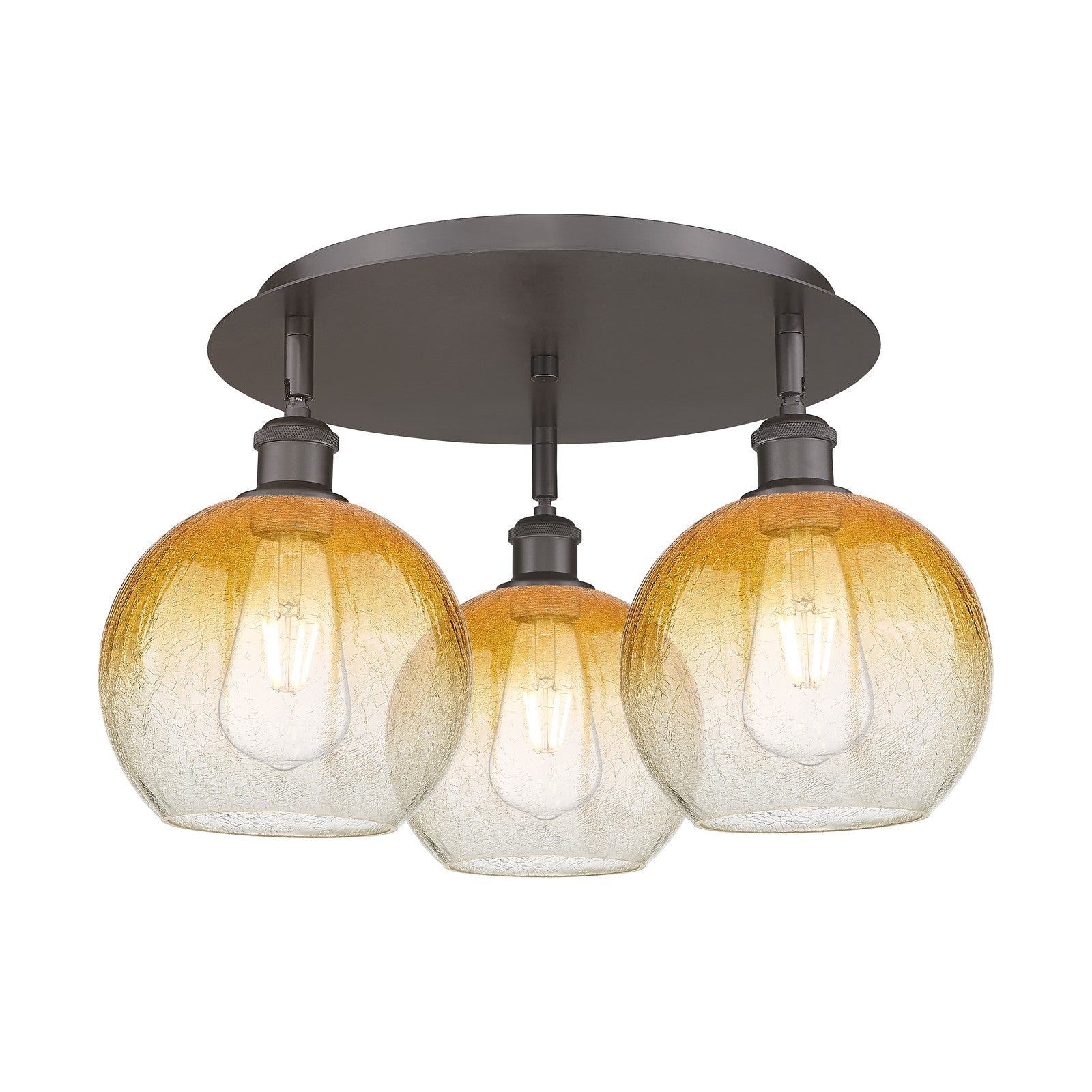 Innovations Brookhaven Globe 20in 3-Light Semi-Flush | Industrial Oil Rubbed Bronze and Amber Glass | Kitchen & Hallway | Model 516-3C-OB-G483-8AM