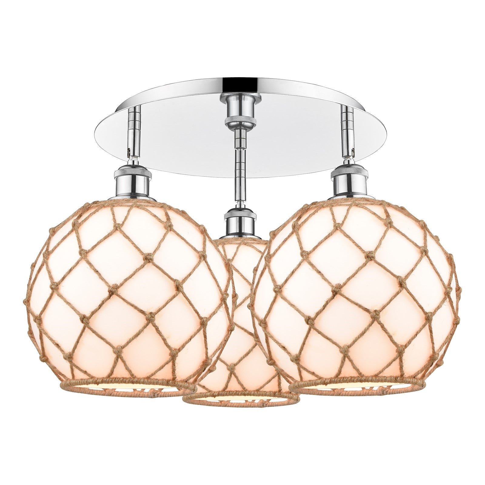 Innovations Farmhouse Rope 22in 3-Light Semi-Flush Mount | Industrial Polished Chrome and Matte White Glass with Brown | Model 516-3C-PC-G121-10RB