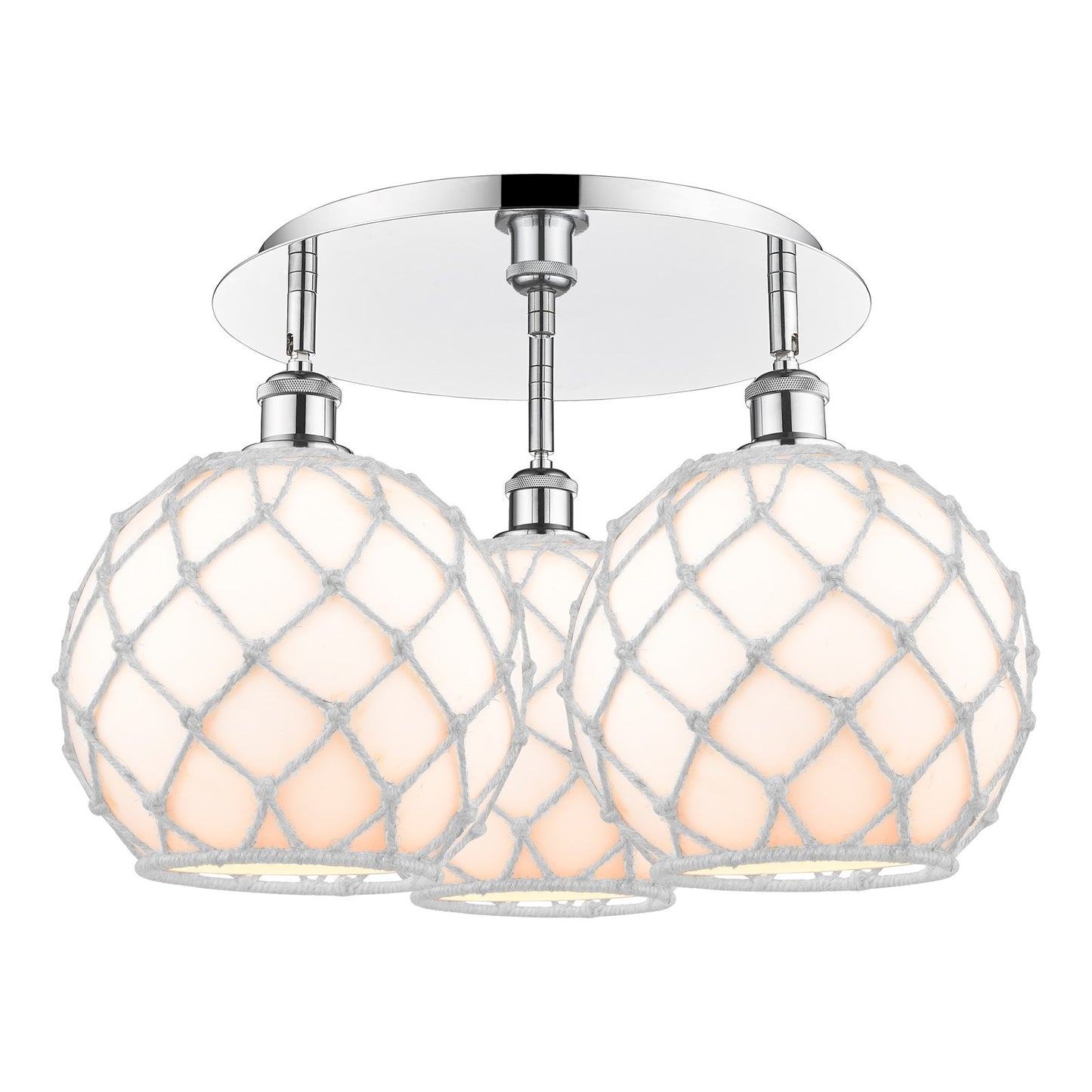 Innovations Farmhouse Rope 21.75in 3-Light Semi-Flush | Industrial Polished Chrome and White Glass White Rope | Kitchen | Model 516-3C-PC-G121-10RW