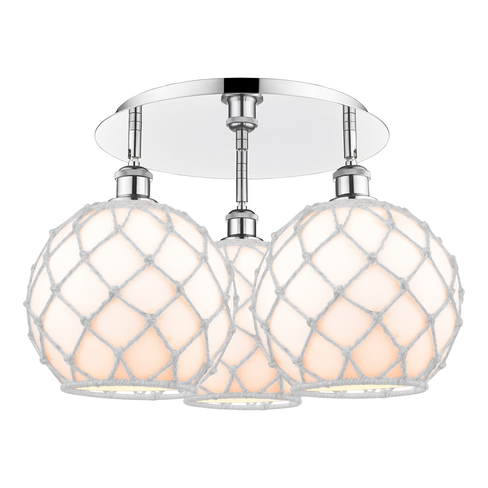 Innovations Farmhouse Rope 21.75in 3-Light Semi-Flush | Industrial Polished Chrome and White Glass White Rope | Kitchen | Model 516-3C-PC-G121-10RW