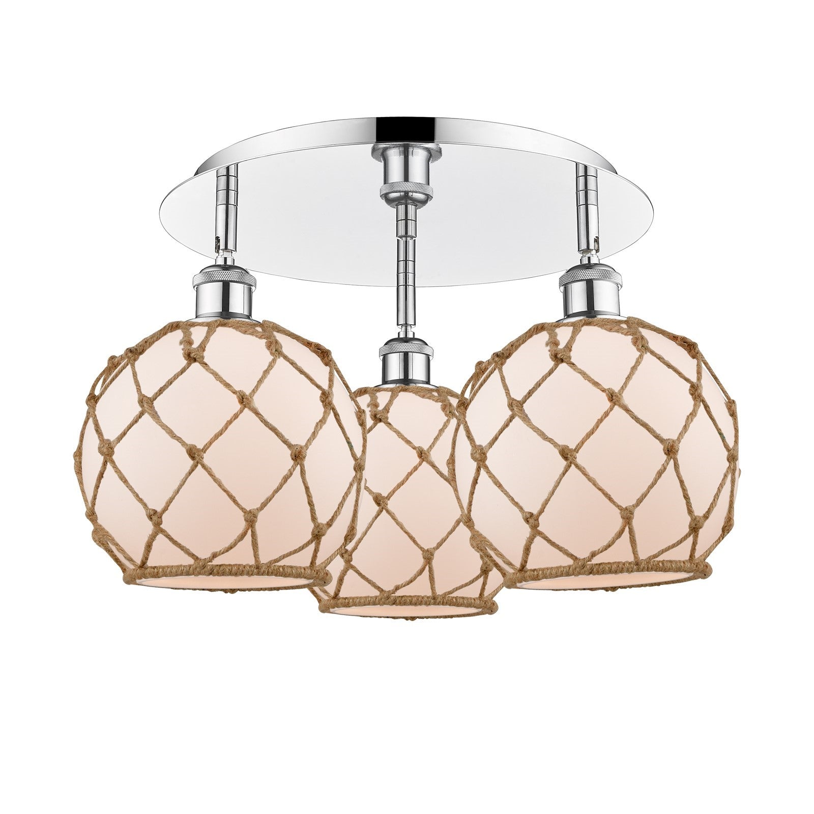Innovations Farmhouse Rope 20in 3-Light Semi-Flush | Industrial Polished Chrome and White Glass Brown Rope | Kitchen | Model 516-3C-PC-G121-8RB