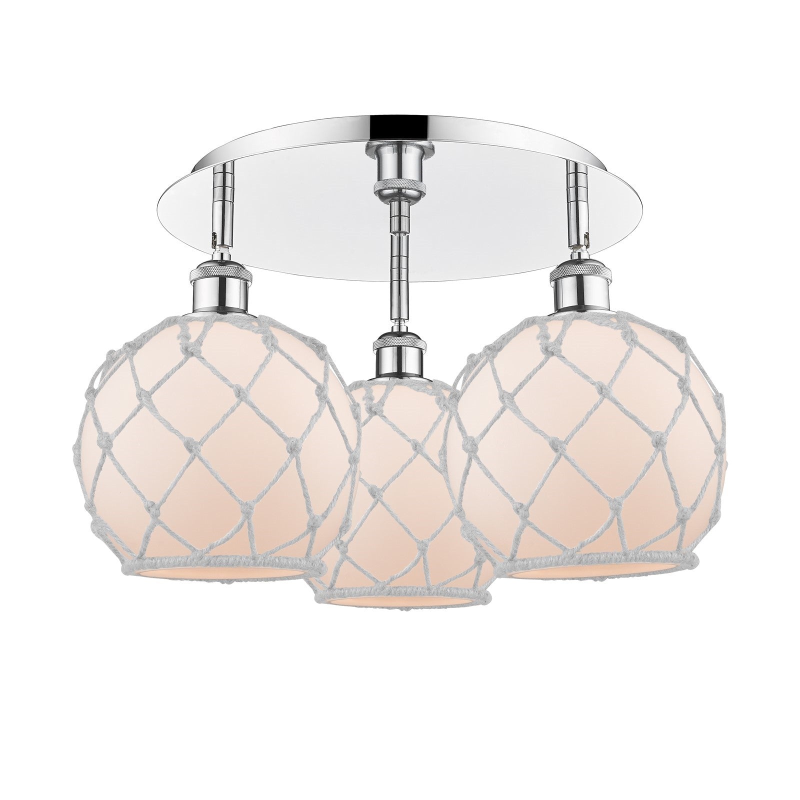 Innovations Farmhouse Rope 20in 3-Light Semi-Flush | Industrial Polished Chrome and White Glass White Rope | Kitchen | Model 516-3C-PC-G121-8RW