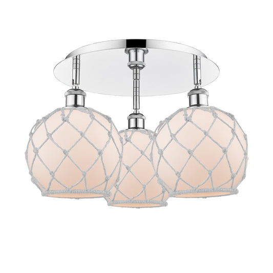 Innovations Farmhouse Rope 20in 3-Light Semi-Flush | Industrial Polished Chrome and White Glass White Rope | Kitchen | Model 516-3C-PC-G121-8RW