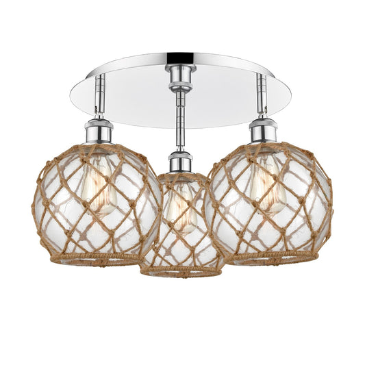 Innovations Farmhouse Rope 20in 3-Light Semi-Flush | Industrial Polished Chrome and Clear Glass Brown Rope | Kitchen | Model 516-3C-PC-G122-8RB