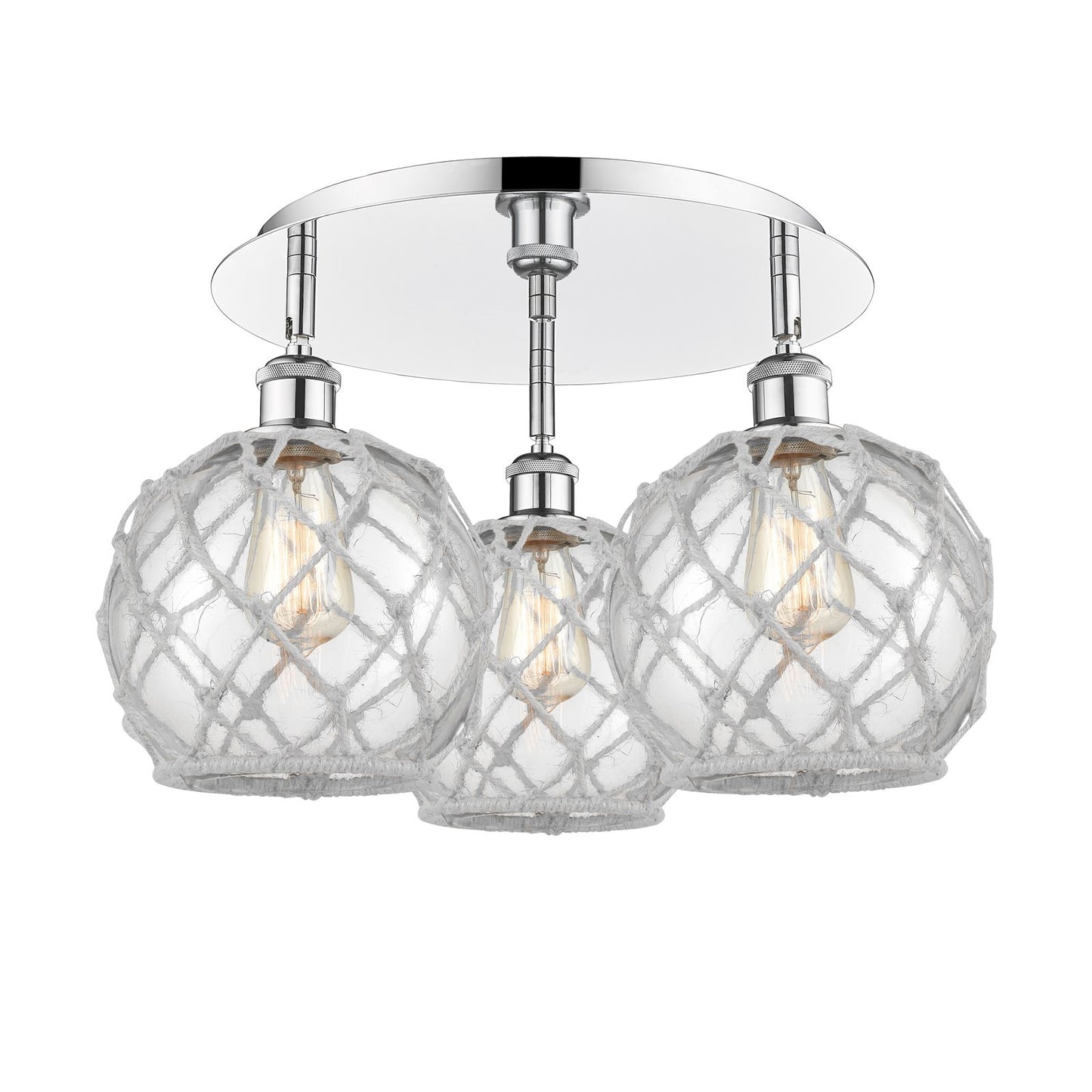 Innovations Farmhouse Rope 20in 3-Light Semi-Flush | Industrial Polished Chrome and Clear Glass White Rope | Kitchen | Model 516-3C-PC-G122-8RW