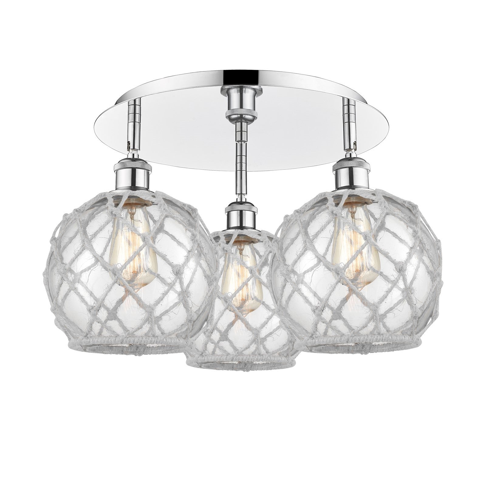 Innovations Farmhouse Rope 20in 3-Light Semi-Flush | Industrial Polished Chrome and Clear Glass White Rope | Kitchen | Model 516-3C-PC-G122-8RW