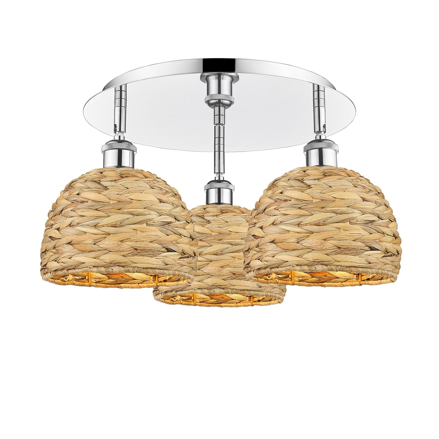 Innovations Woven Rattan 19in 3-Light Semi-Flush | Industrial Polished Chrome and Natural Fiber Dome Shade | Kitchen | Model 516-3C-PC-RBD-8-NAT