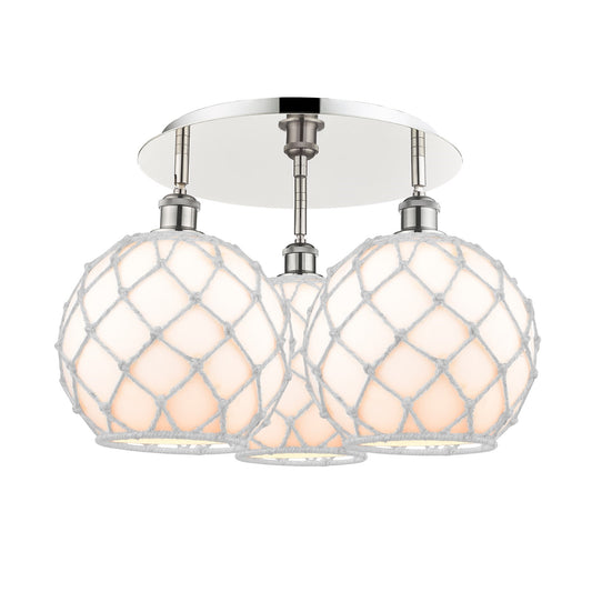 Innovations Farmhouse Rope 22in 3-Light Semi-Flush | Industrial Polished Nickel and White Glass with Rope | Kitchen | Model 516-3C-PN-G121-10RW