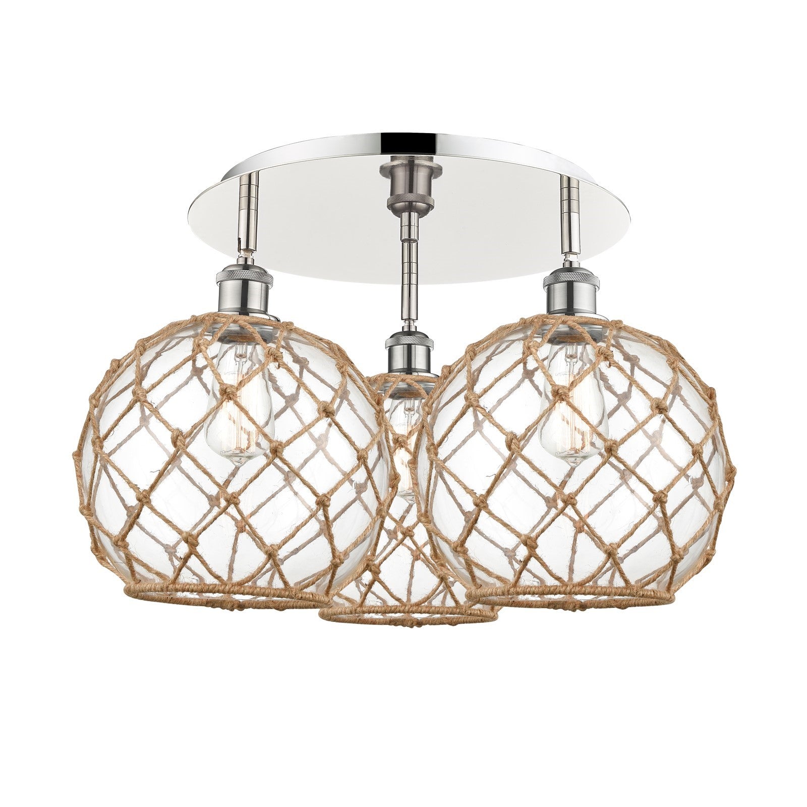 Innovations Farmhouse Rope 22in 3-Light Semi-Flush | Industrial Polished Nickel and Clear Glass | Kitchen & Dining Room | Model 516-3C-PN-G122-10RB
