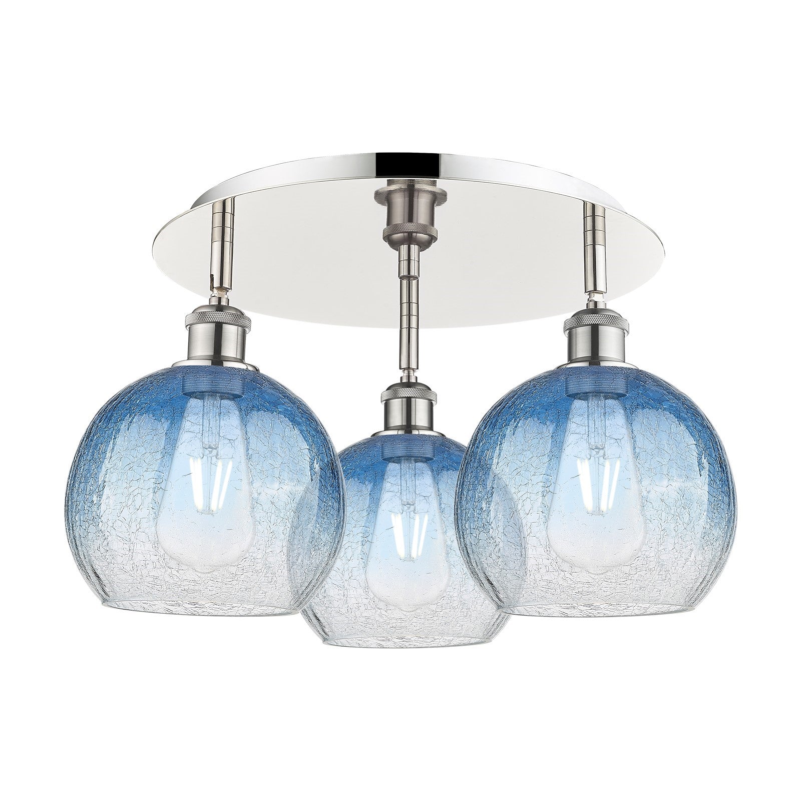Innovations Brookhaven Globe 20in 3-Light Semi-Flush Mount | Industrial Polished Nickel and Sapphire Blue Glass | Kitchen | Model 516-3C-PN-G483-8SB