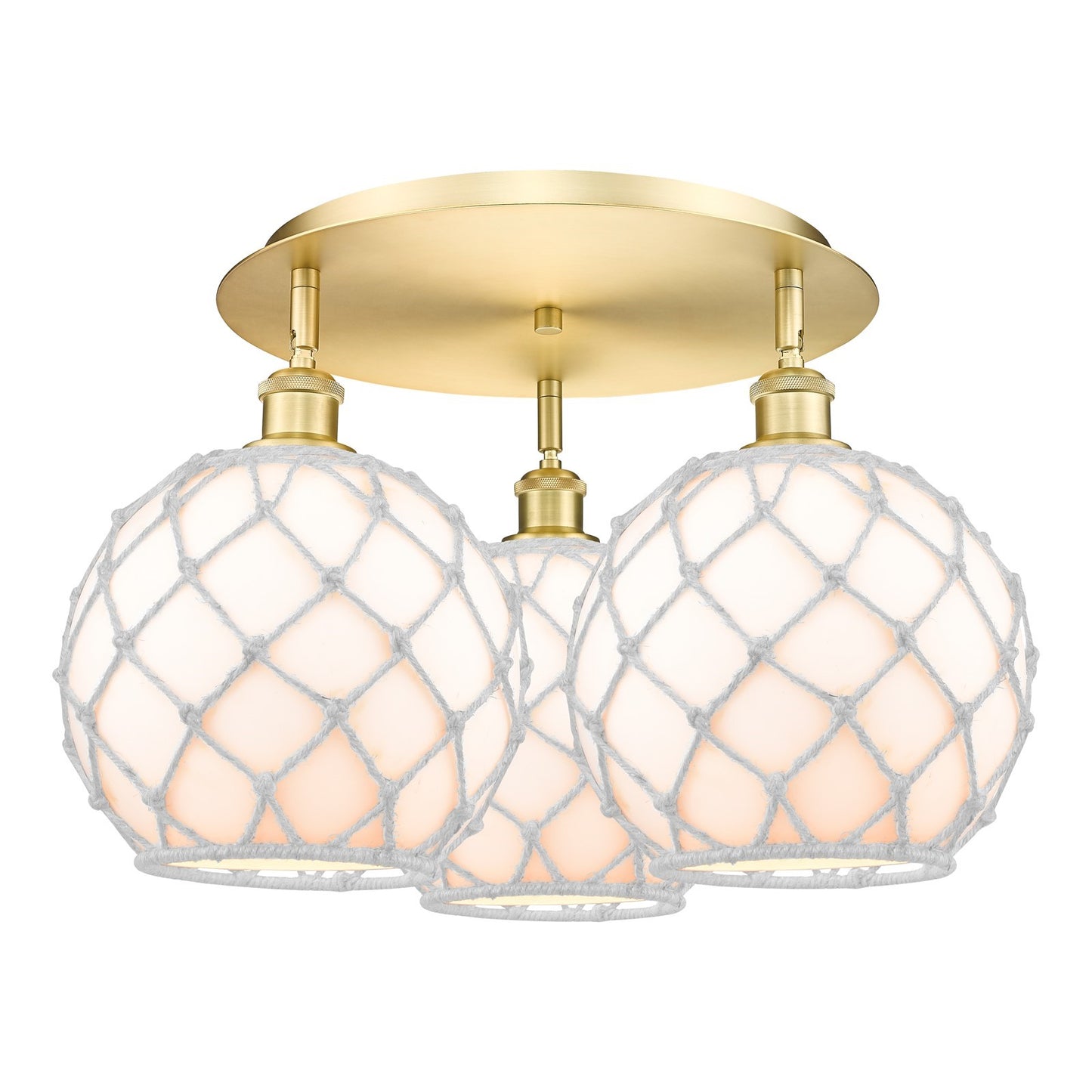 Innovations Farmhouse Rope 22in 3-Light Semi-Flush | Industrial Satin Gold and White Glass White Rope | Kitchen & Hallway | Model 516-3C-SG-G121-10RW