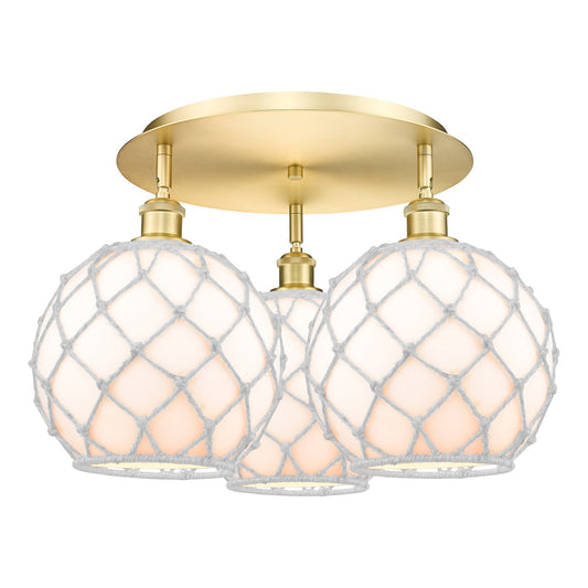 Innovations Farmhouse Rope 22in 3-Light Semi-Flush | Industrial Satin Gold and White Glass White Rope | Kitchen & Hallway | Model 516-3C-SG-G121-10RW