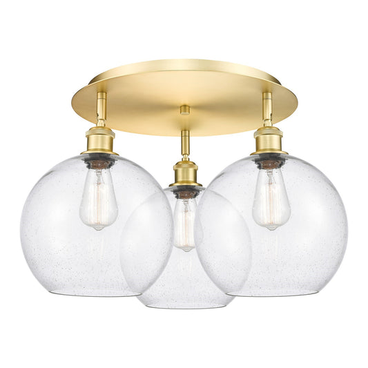 Innovations Athens 22in 3-Light Semi-Flush | Industrial Satin Gold and Seedy Glass | Kitchen & Hallway | Model 516-3C-SG-G124-10
